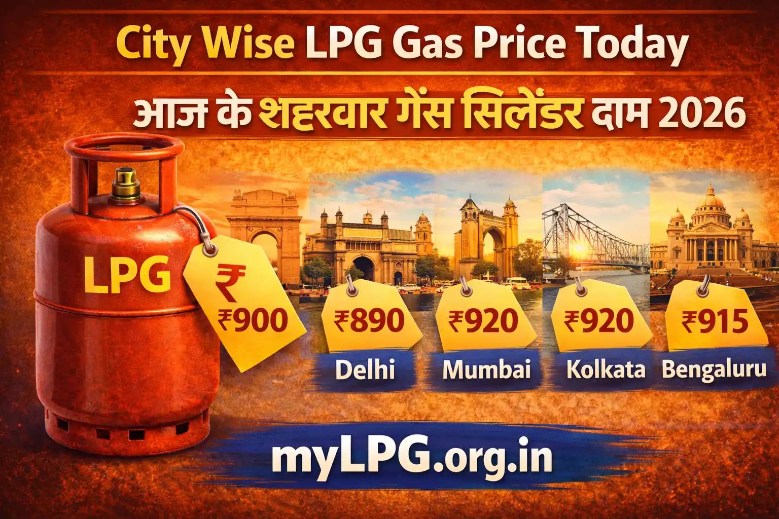City wise LPG gas price today 2026 thumbnail showing LPG cylinder and prices of Delhi Mumbai Kolkata Bengaluru with mylpg.org.in domain