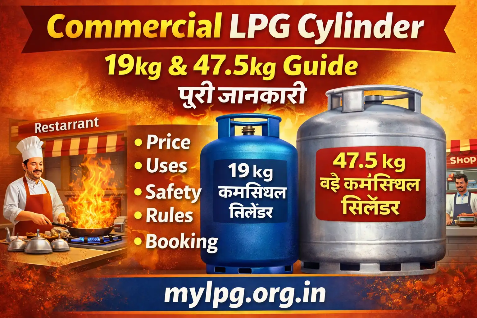 Commercial LPG cylinder 19kg and 47.5kg guide thumbnail showing blue and large commercial gas cylinders for restaurant and shop use with mylpg.org.in