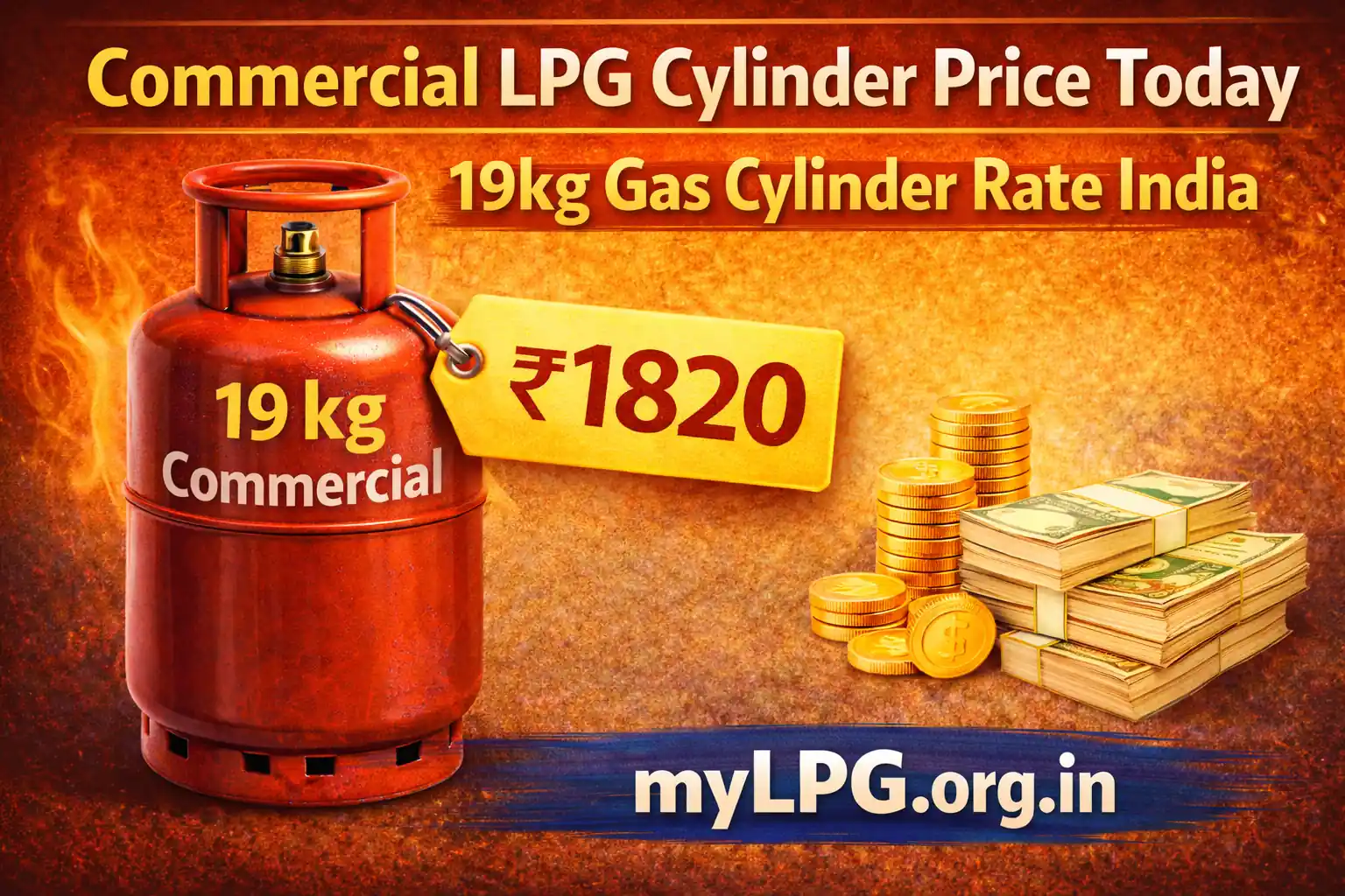 Commercial LPG cylinder price today thumbnail showing 19kg gas cylinder rate in India with price tag and mylpg.org.in domain