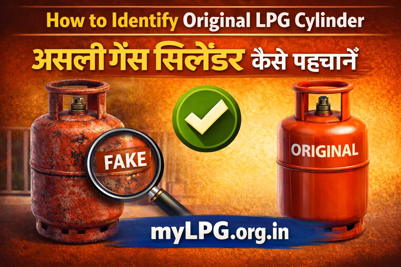How to identify original LPG cylinder thumbnail showing fake vs original gas cylinder comparison with mylpg.org.in domain