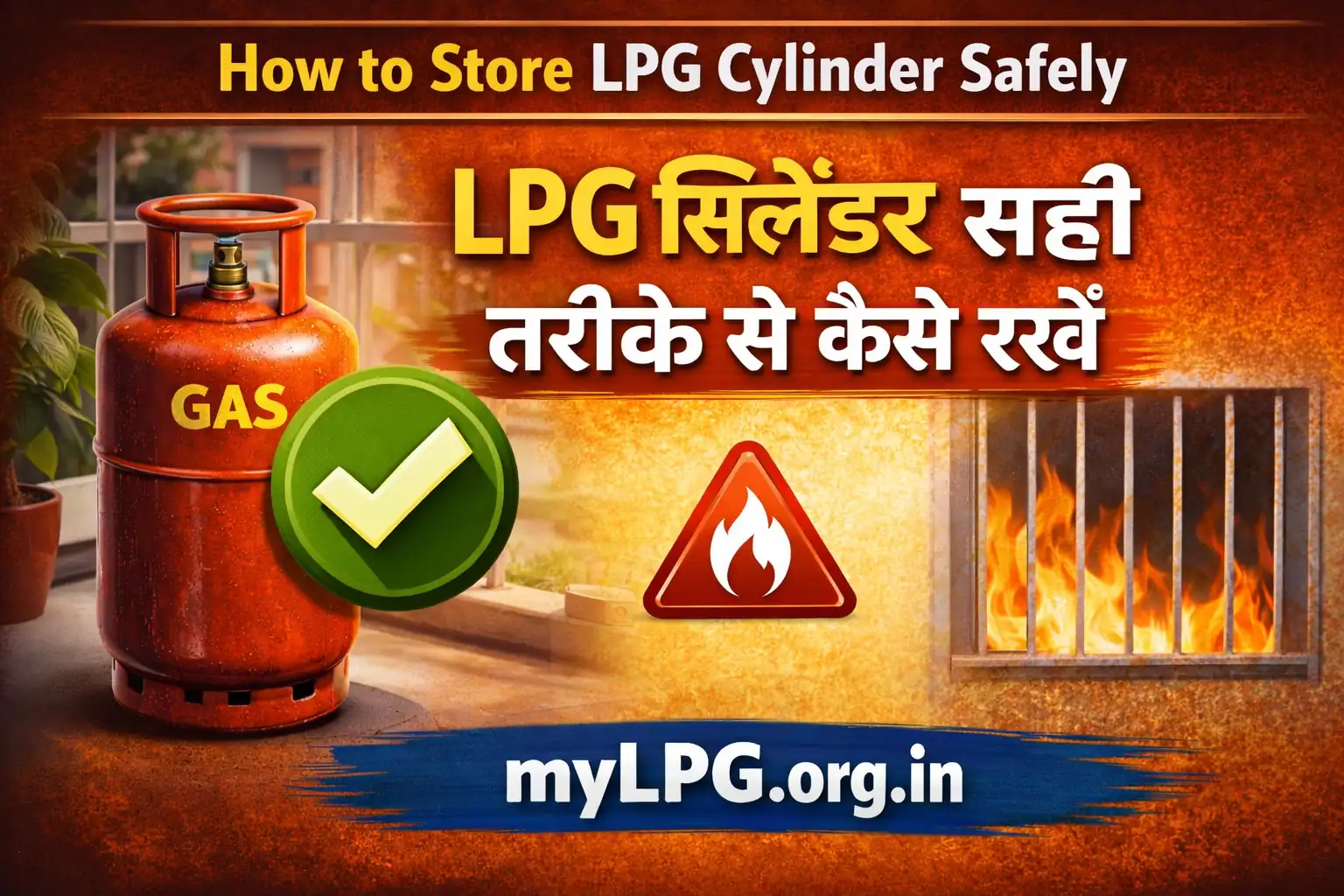How to store LPG cylinder safely thumbnail showing correct storage position with safety signs and mylpg.org.in domain