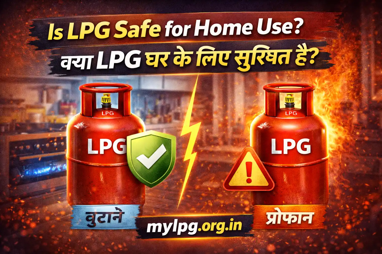 Is LPG safe for home use thumbnail showing LPG cylinder with safety and warning symbols – mylpg.org.in