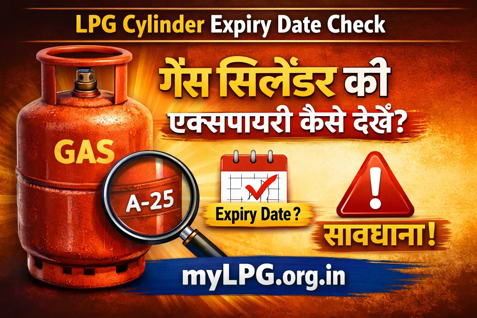 LPG cylinder expiry date check thumbnail showing gas cylinder with expiry code and mylpg.org.in domain