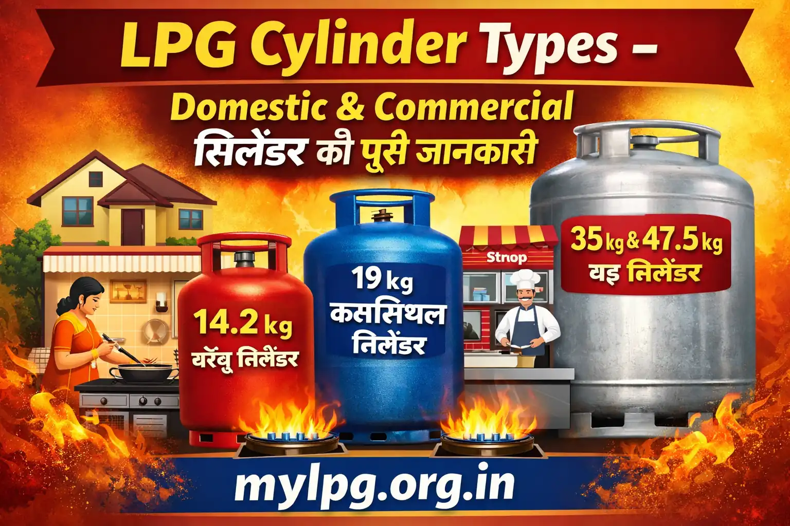 LPG Cylinder Types domestic and commercial thumbnail showing 14.2 kg domestic, 19 kg commercial and 35 kg large LPG cylinders with mylpg.org.in