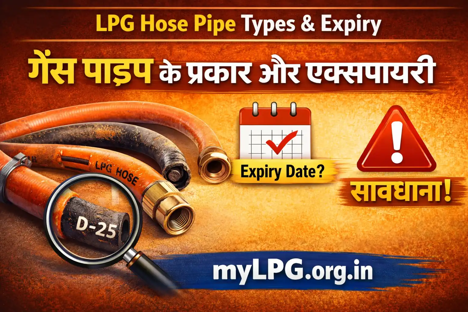 LPG hose pipe types and expiry thumbnail showing gas pipe types, expiry date mark and safety warning with mylpg.org.in domain
