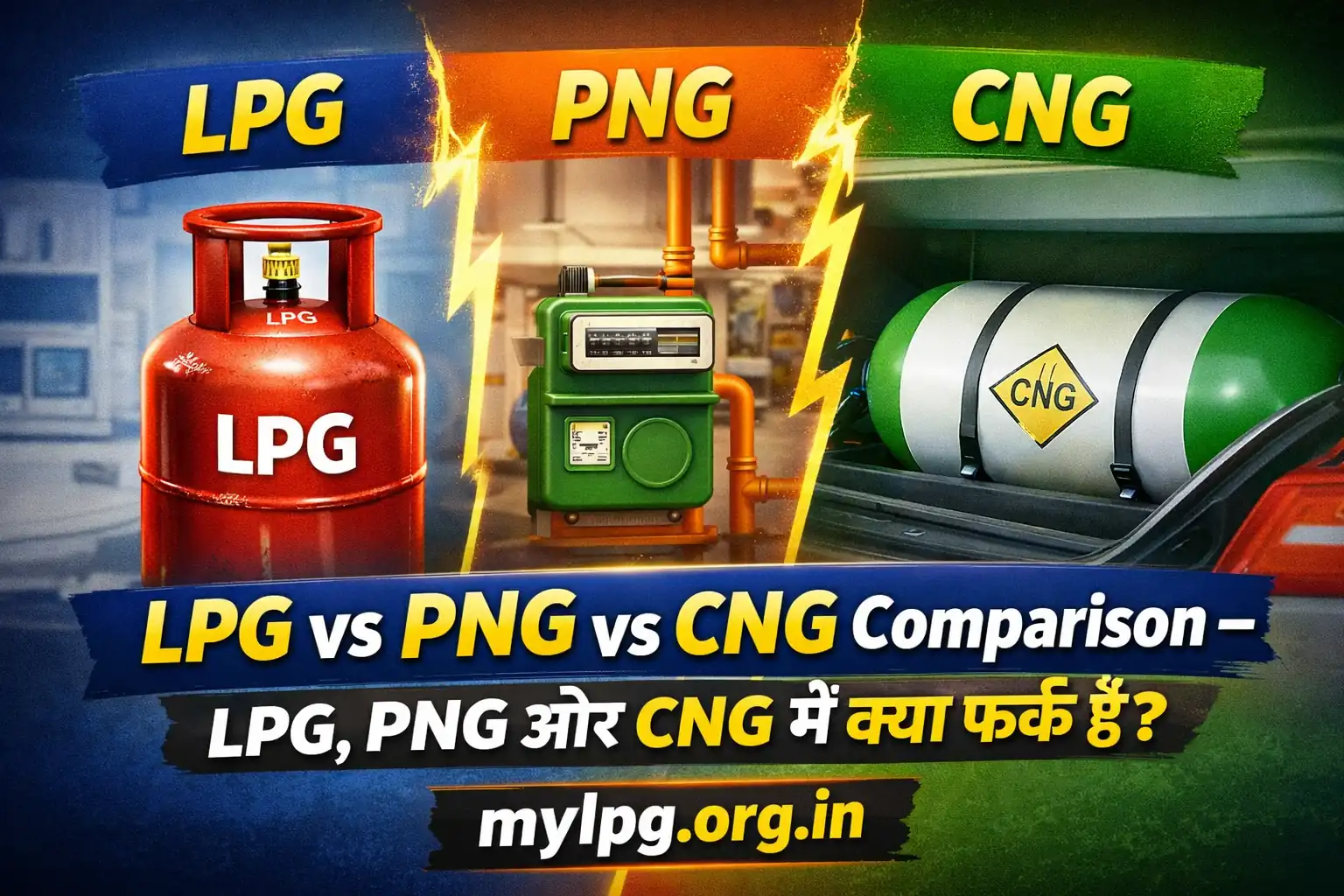 LPG vs PNG vs CNG comparison – LPG cylinder, PNG kitchen gas, and CNG fuel station