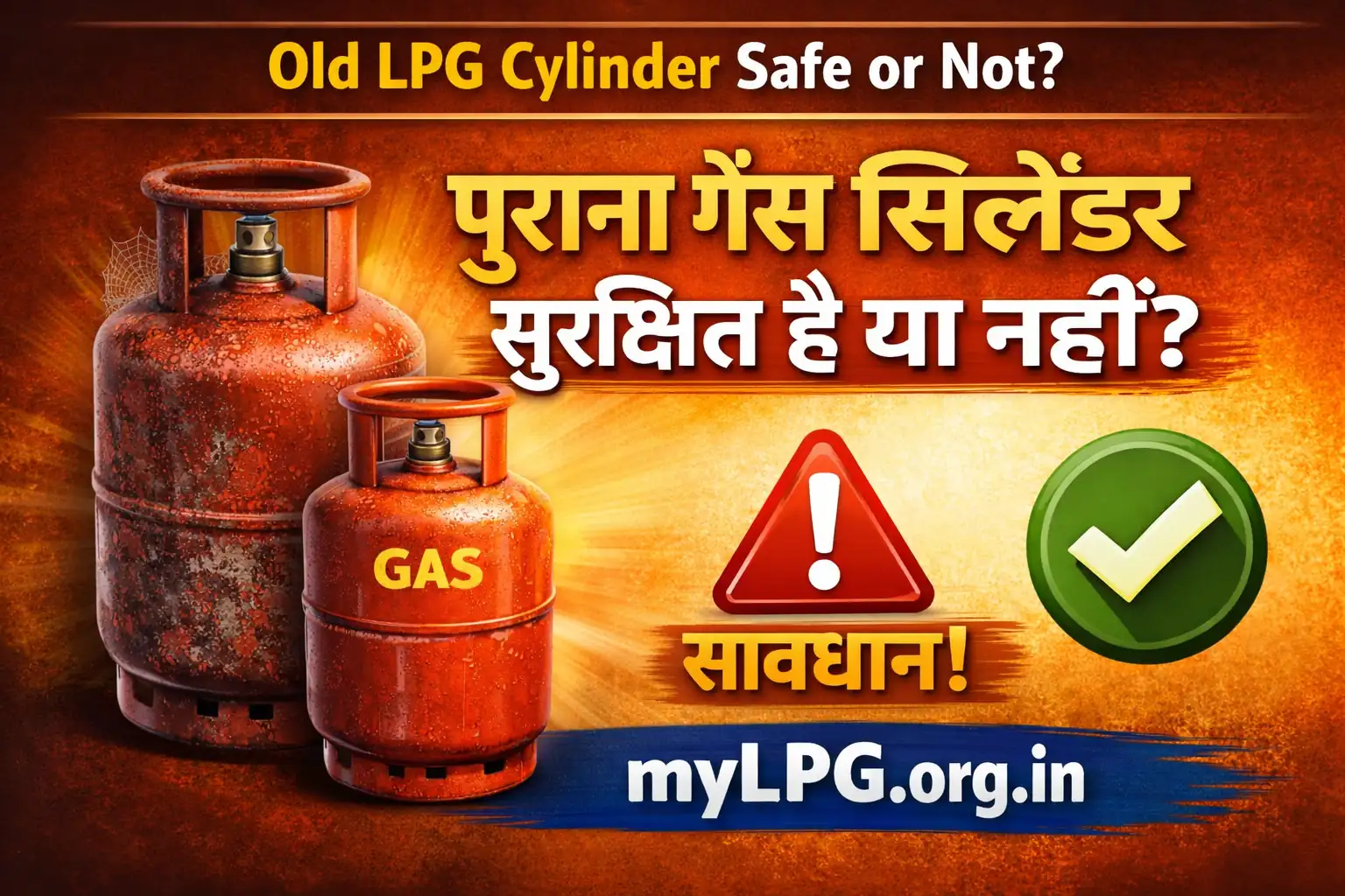 Old LPG cylinder safe or not thumbnail showing old and new gas cylinder with warning sign and mylpg.org.in domain