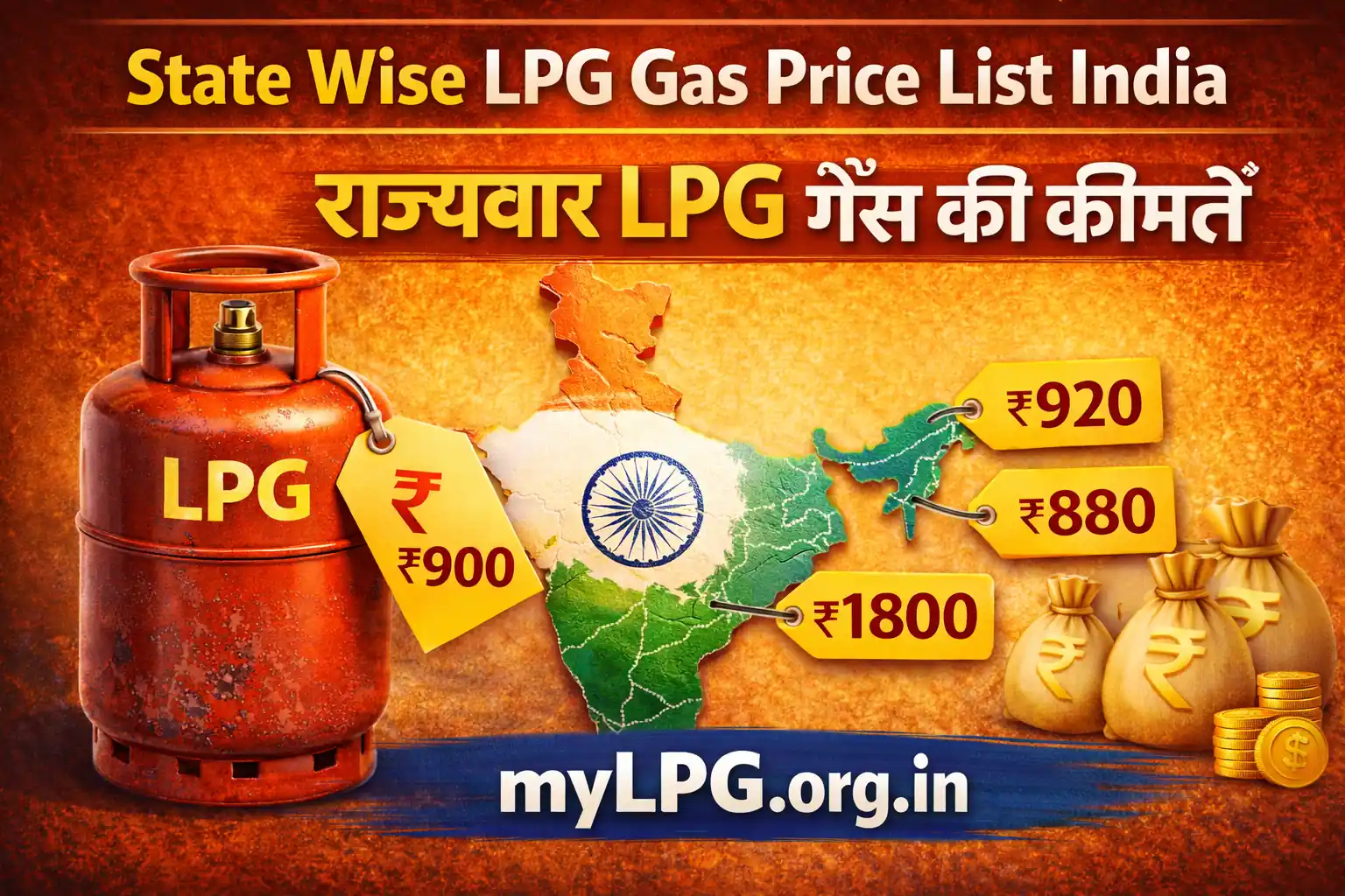 State wise LPG gas price list India thumbnail showing LPG cylinder, India map with state prices and mylpg.org.in domain