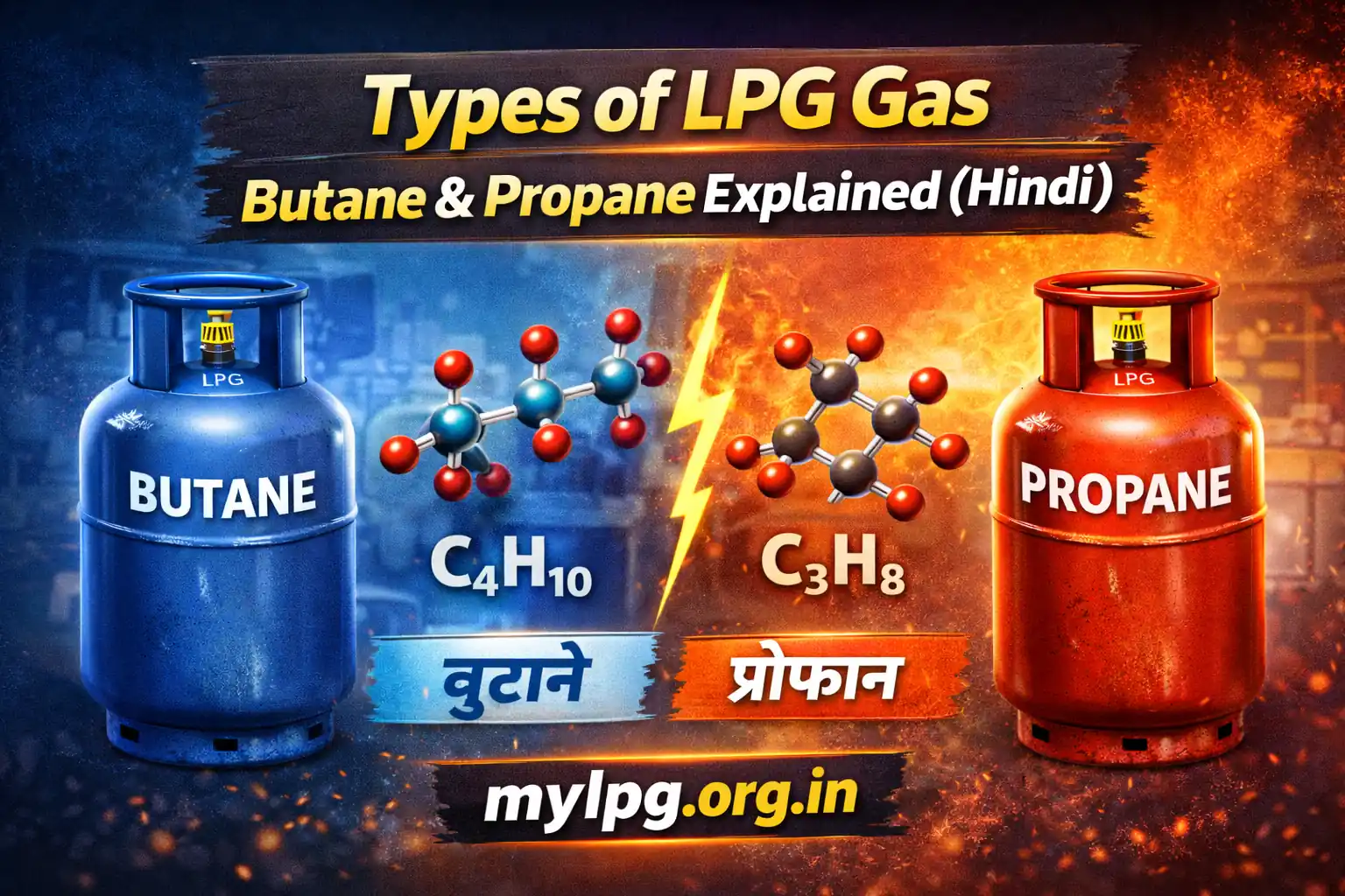 Types of LPG gas thumbnail showing butane and propane cylinders with molecular structure – mylpg.org.in