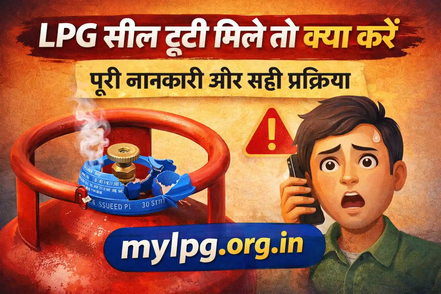 LPG seal tuti mile to kya kare thumbnail showing broken LPG cylinder seal with mylpg.org.in website