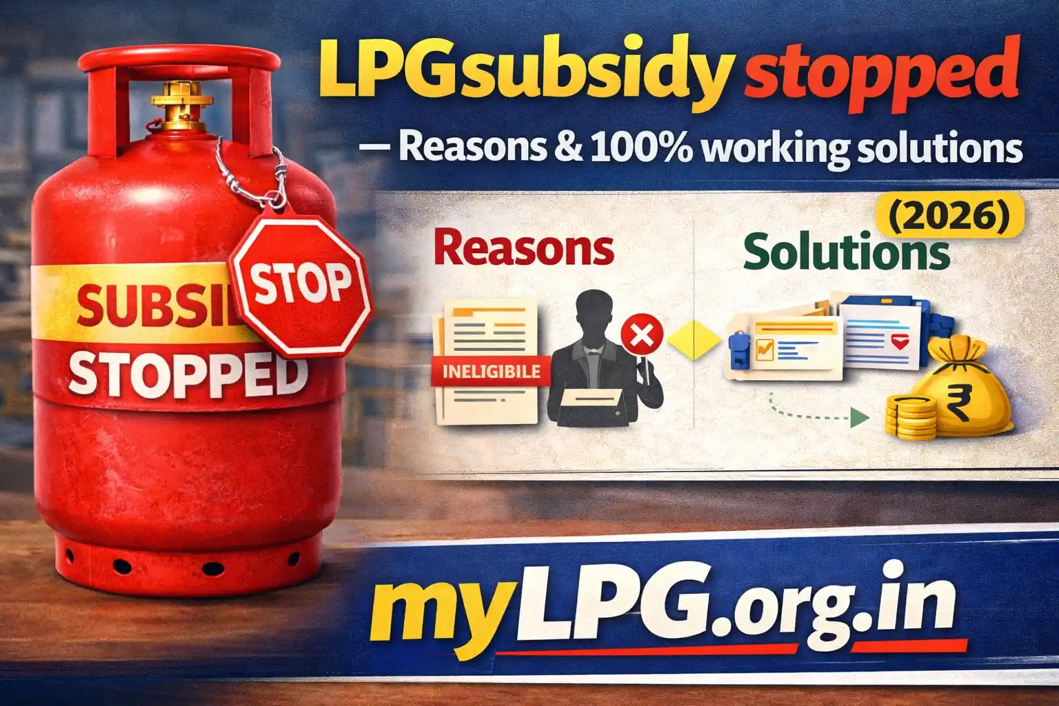 LPG subsidy stopped reasons and 100% working solutions 2026 thumbnail showing gas cylinder with stop sign and solution panel on myLPG.org.in